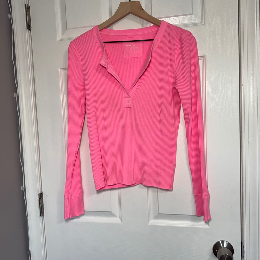 Aerie Womens Neon Pink Ribbed Long Sleeve Henley Top M Soft Stretchy